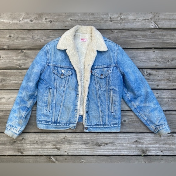 Vintage 1971 Orange Tab Levis Sherpa Denim Jacket Size 44 Large Blue - Picture 1 of 16